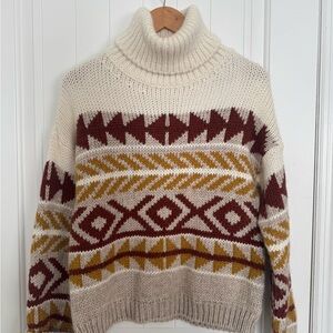 Elegant Cream and Brown Patterned Turtleneck Sweater